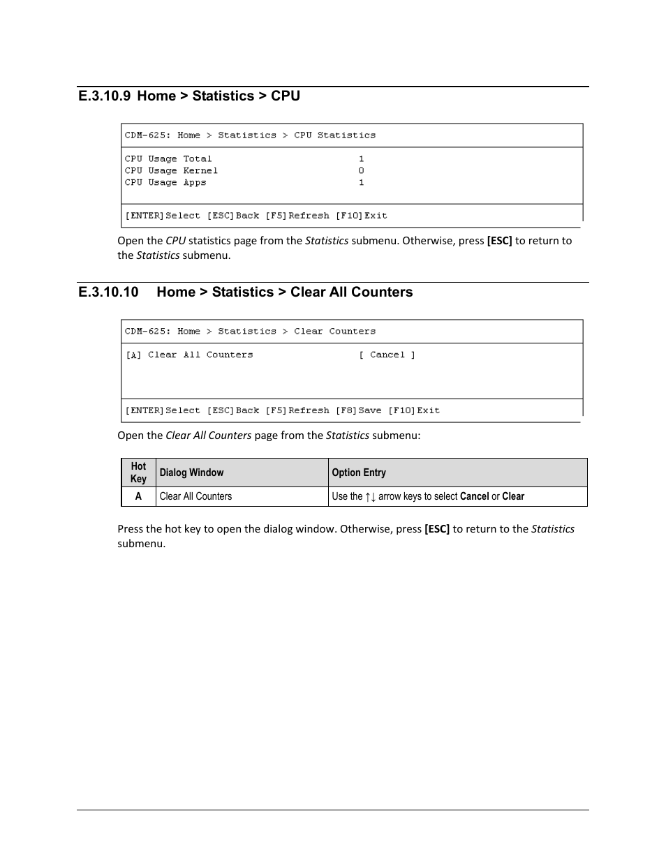 E.3.10.9 home > statistics > cpu, E.3.10.10 home > statistics > clear all counters, E.3.10.9 | E.3.10.10 | Comtech EF Data CDM-625 User Manual | Page 617 / 684