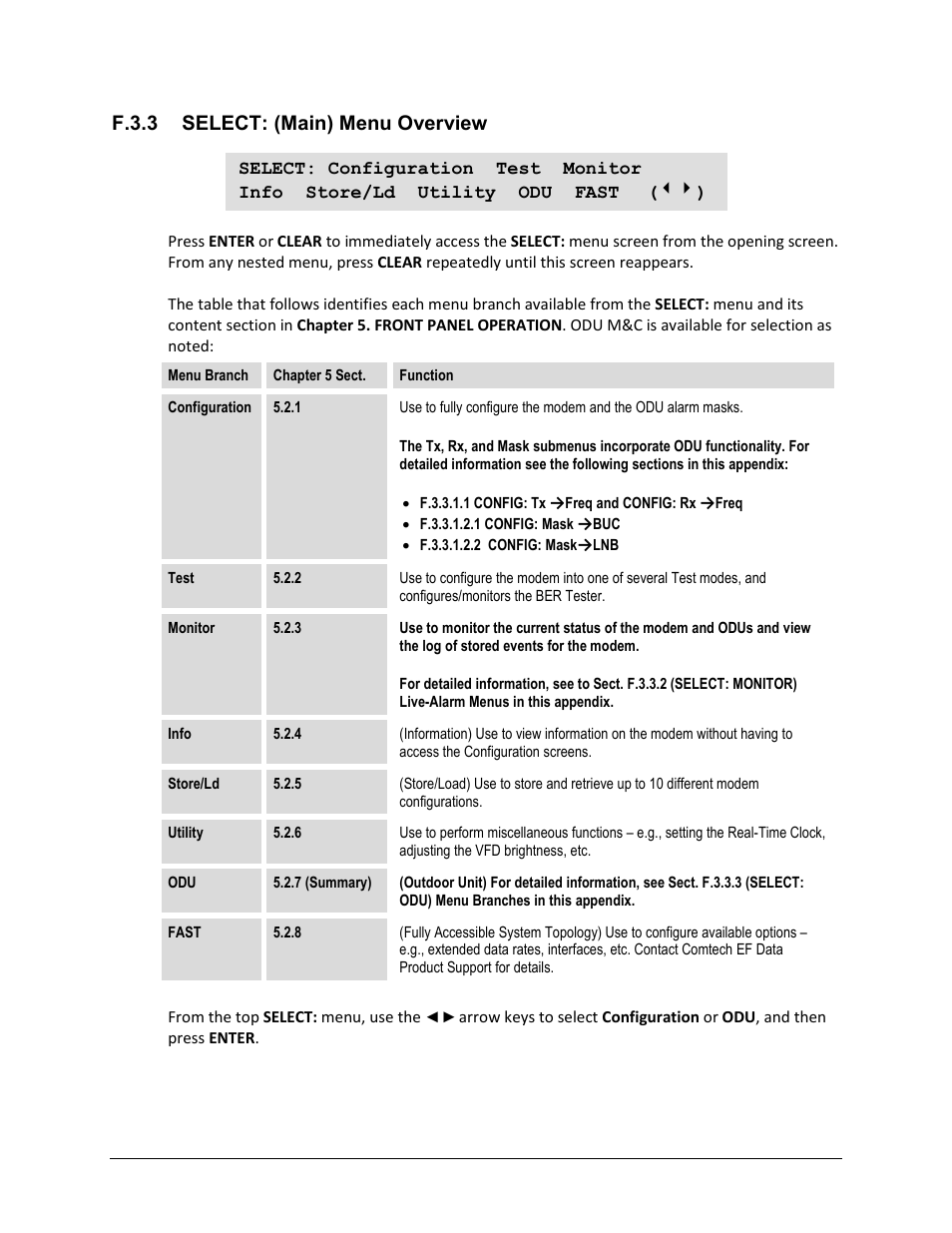 F.3.3 select: (main) menu overview | Comtech EF Data CDM-625 User Manual | Page 623 / 684