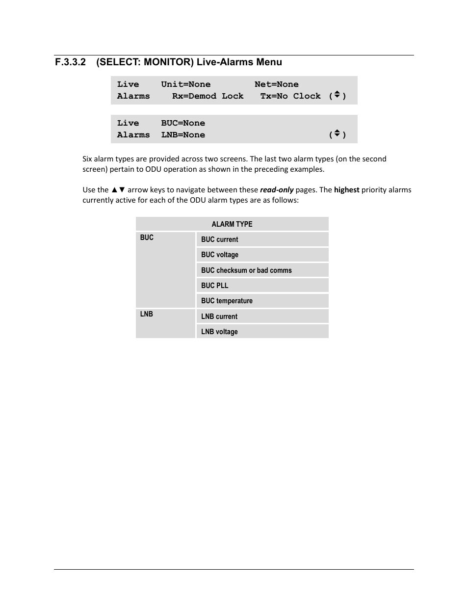 F.3.3.2 (select: monitor) live-alarms menu, F.3.3.2 | Comtech EF Data CDM-625 User Manual | Page 627 / 684