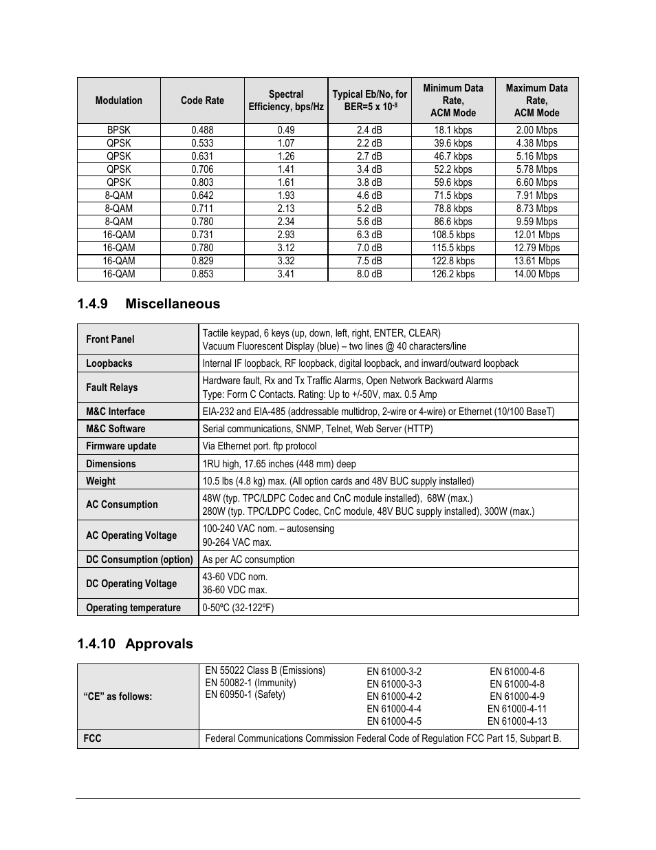 9 miscellaneous, 10 approvals | Comtech EF Data CDM-625 User Manual | Page 63 / 684