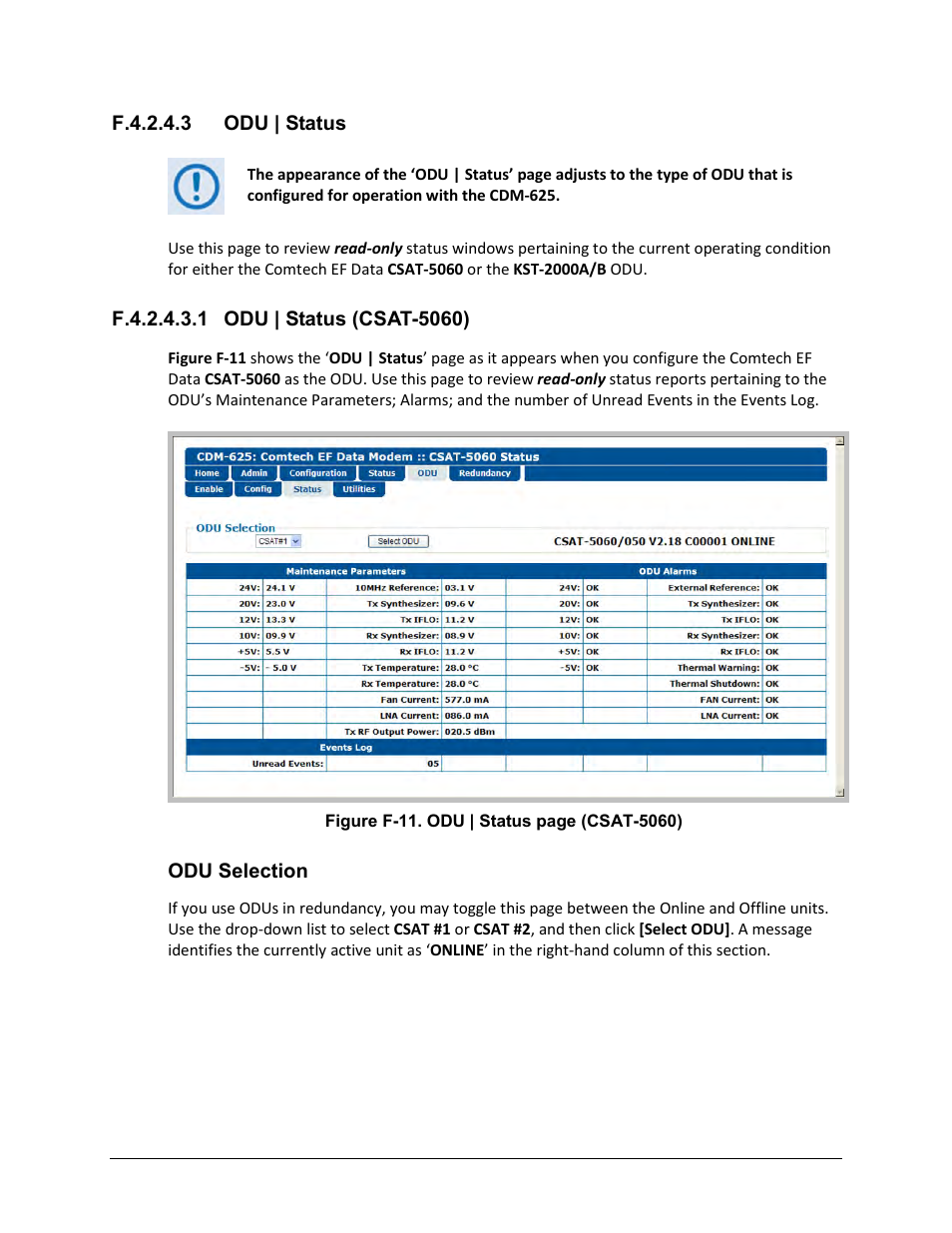 F.4.2.4.3 odu | status, F.4.2.4.3.1 odu | status (csat-5060) | Comtech EF Data CDM-625 User Manual | Page 667 / 684