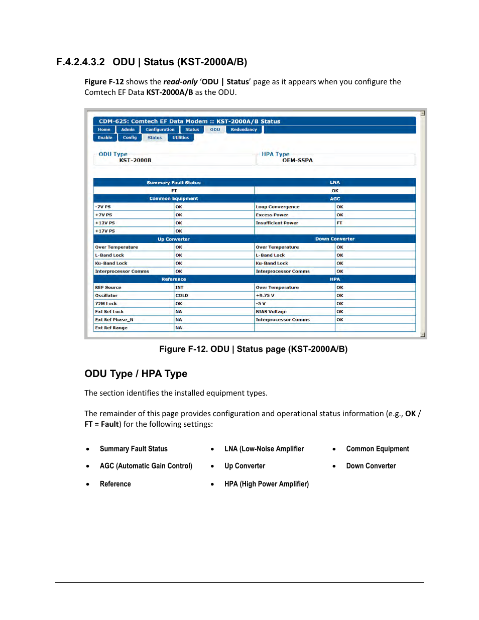 F.4.2.4.3.2 odu | status (kst-2000a/b), Odu type / hpa type | Comtech EF Data CDM-625 User Manual | Page 668 / 684