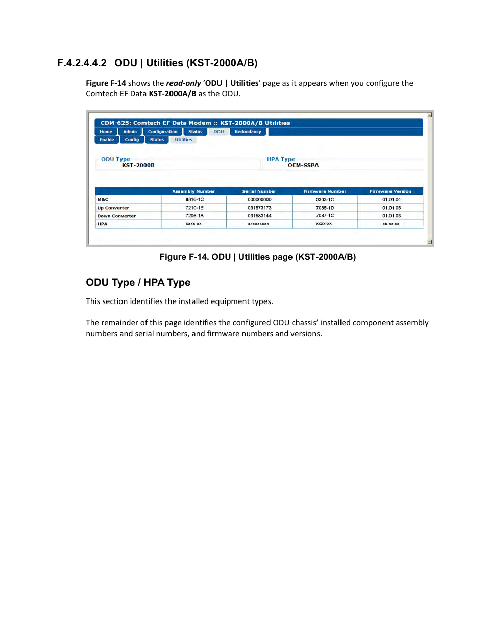 F.4.2.4.4.2 odu | utilities (kst-2000a/b), Odu type / hpa type | Comtech EF Data CDM-625 User Manual | Page 671 / 684