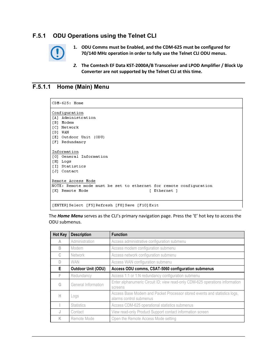 F.5.1 odu operations using the telnet cli, F.5.1.1 home (main) menu | Comtech EF Data CDM-625 User Manual | Page 673 / 684