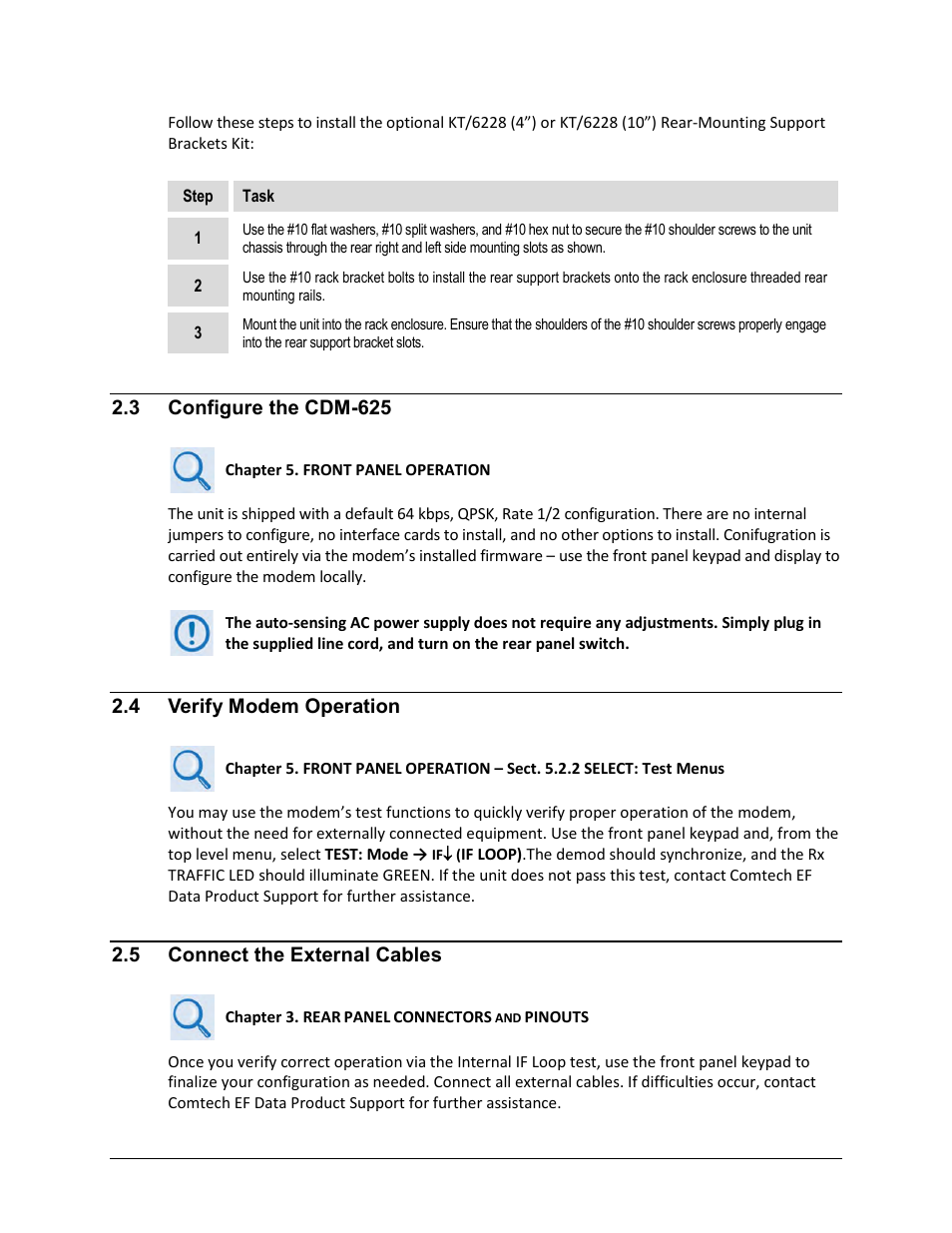 3 configure the cdm-625, 4 verify modem operation, 5 connect the external cables | Comtech EF Data CDM-625 User Manual | Page 69 / 684