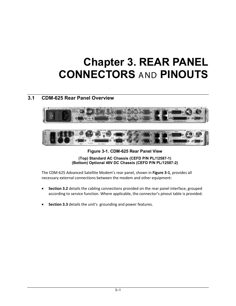 Chapter 3. rear panel connectors and pinouts, 1 cdm-625 rear panel overview, Chapter 3. rear panel connectors | Pinouts | Comtech EF Data CDM-625 User Manual | Page 71 / 684