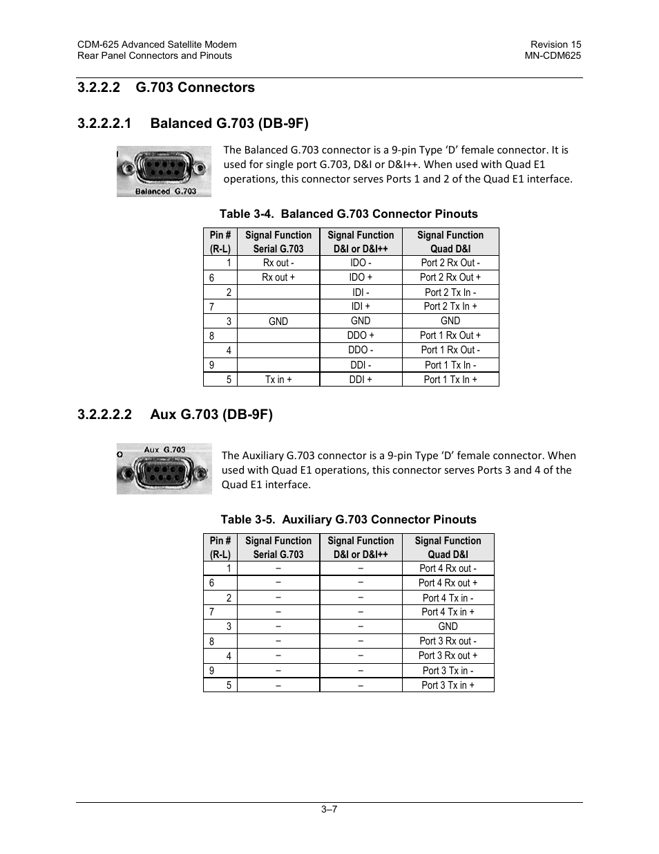 2 g.703 connectors, 1 balanced g.703 (db-9f), 2 aux g.703 (db-9f) | Comtech EF Data CDM-625 User Manual | Page 77 / 684