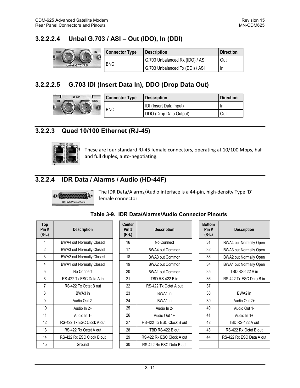 4 unbal g.703 / asi – out (ido), in (ddi), 5 g.703 idi (insert data in), ddo (drop data out), 3 quad 10/100 ethernet (rj-45) | 4 idr data / alarms / audio (hd-44f) | Comtech EF Data CDM-625 User Manual | Page 81 / 684