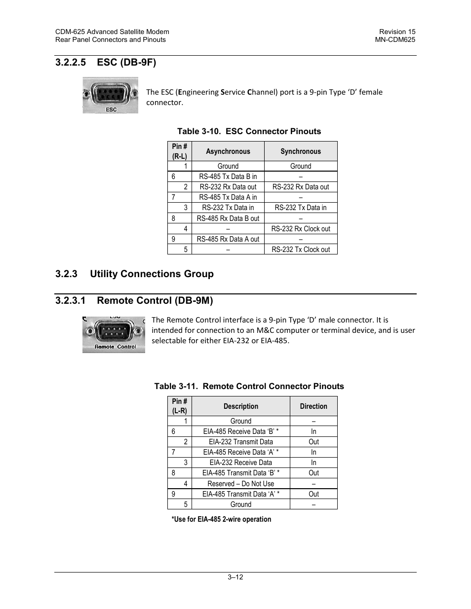 5 esc (db-9f), 3 utility connections group, 1 remote control (db-9m) | Comtech EF Data CDM-625 User Manual | Page 82 / 684