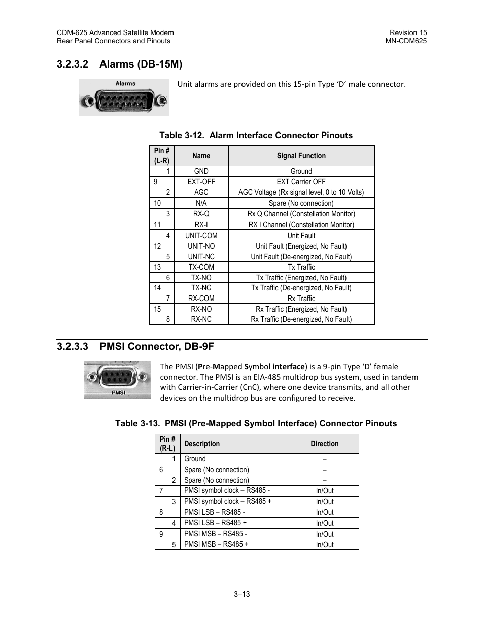 2 alarms (db-15m), 3 pmsi connector, db-9f | Comtech EF Data CDM-625 User Manual | Page 83 / 684