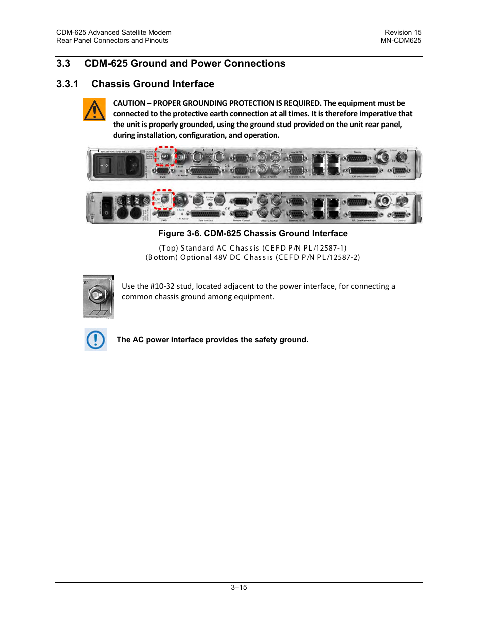 3 cdm-625 ground and power connections, 1 chassis ground interface | Comtech EF Data CDM-625 User Manual | Page 85 / 684