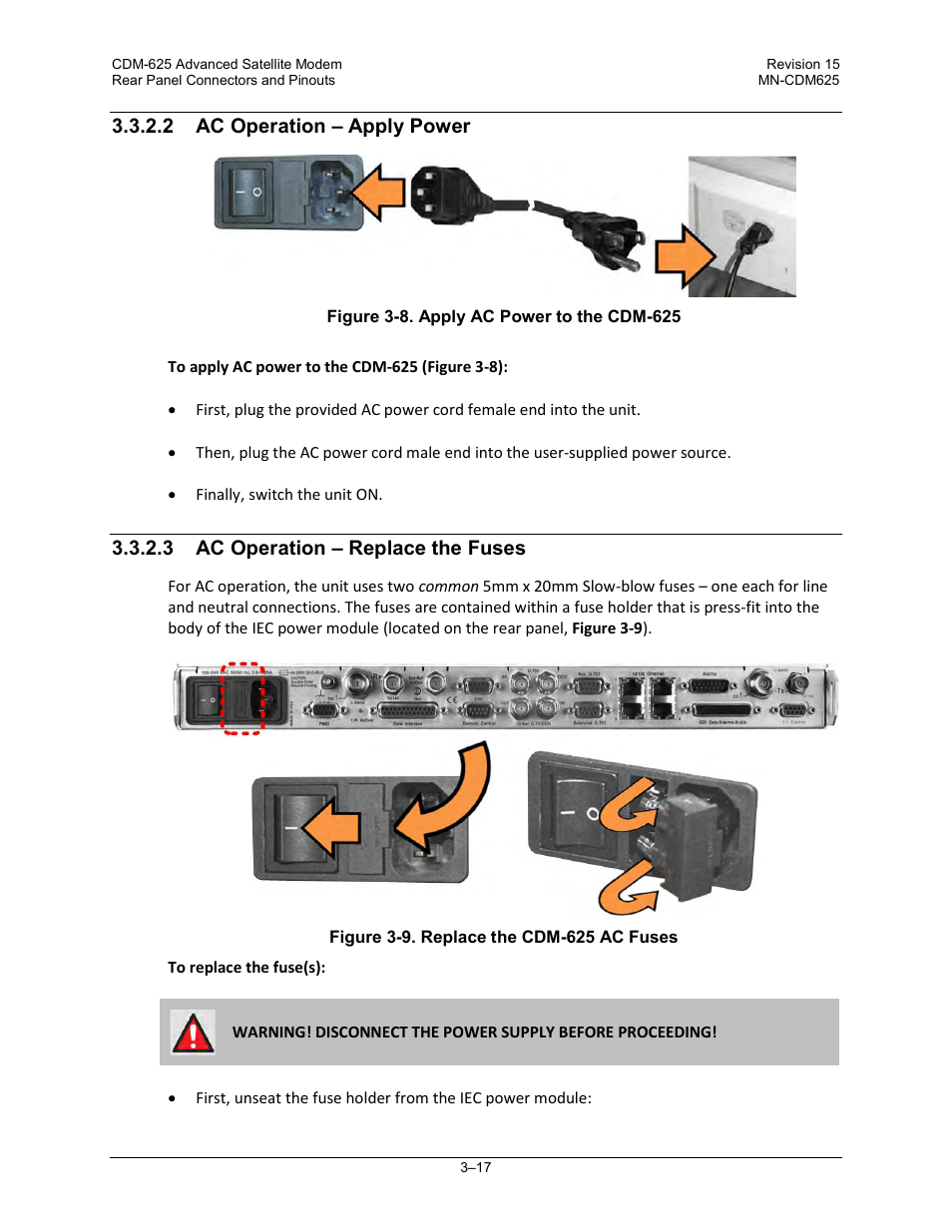 2 ac operation – apply power, 3 ac operation – replace the fuses | Comtech EF Data CDM-625 User Manual | Page 87 / 684