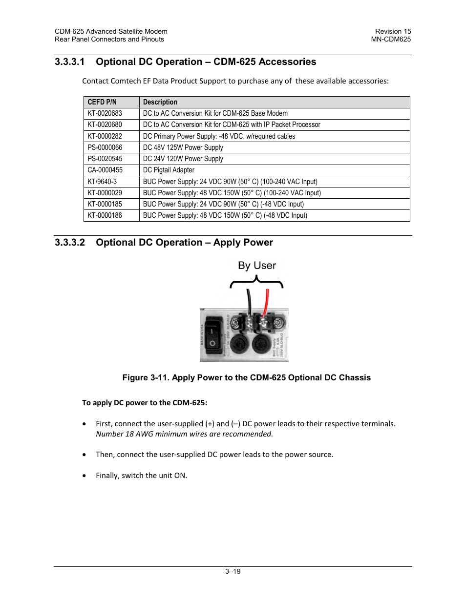 1 optional dc operation – cdm-625 accessories, 2 optional dc operation – apply power | Comtech EF Data CDM-625 User Manual | Page 89 / 684