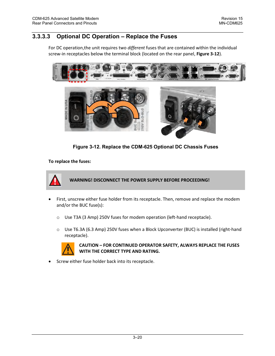 3 optional dc operation – replace the fuses | Comtech EF Data CDM-625 User Manual | Page 90 / 684