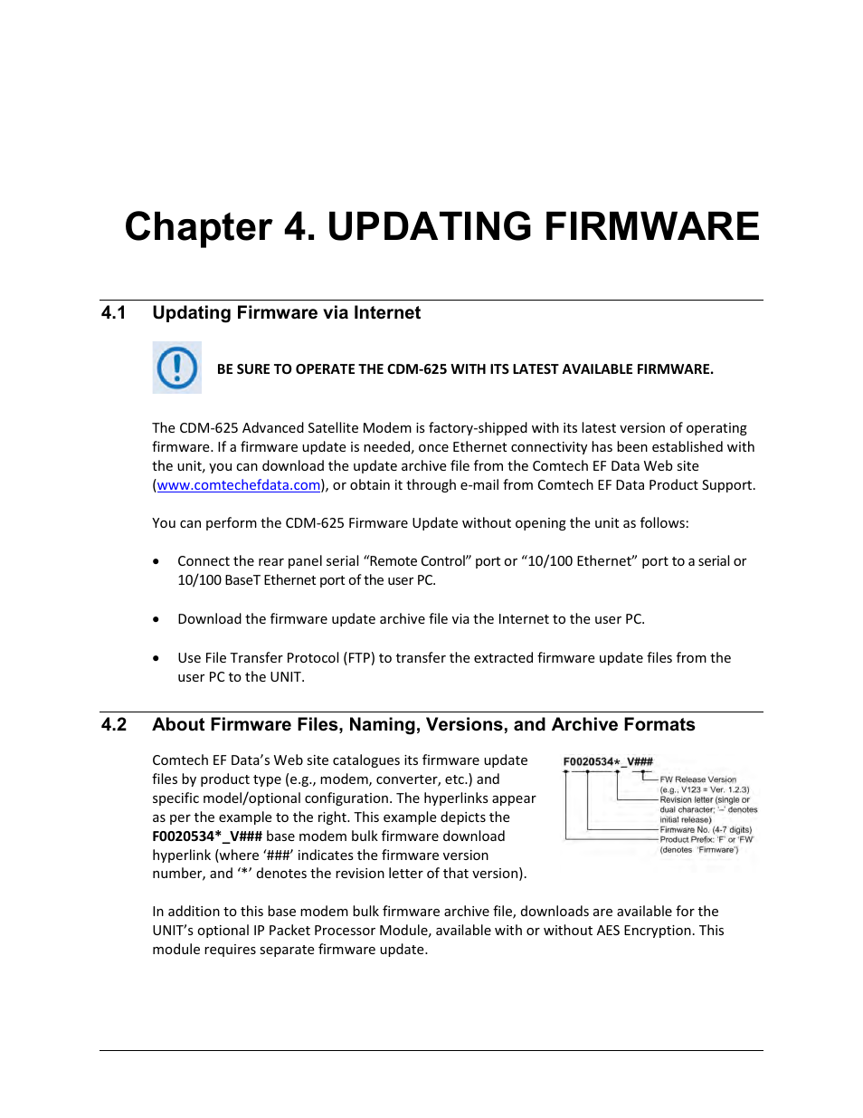 Chapter 4. updating firmware, 1 updating firmware via internet | Comtech EF Data CDM-625 User Manual | Page 91 / 684