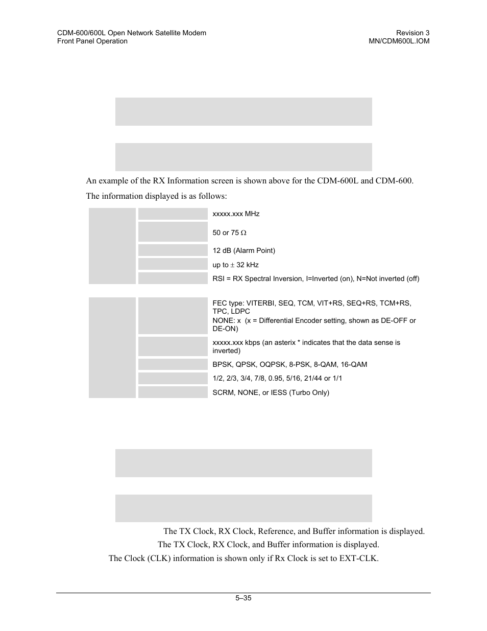 5 info: rx, 6 info: clocks | Comtech EF Data CDM-600/600L User Manual | Page 111 / 278