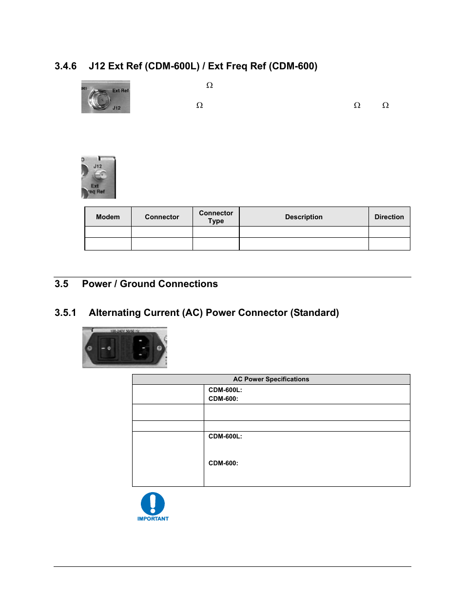 6 j12 ext ref (cdm-600l) / ext freq ref (cdm-600), 5 power / ground connections | Comtech EF Data CDM-600/600L User Manual | Page 71 / 278