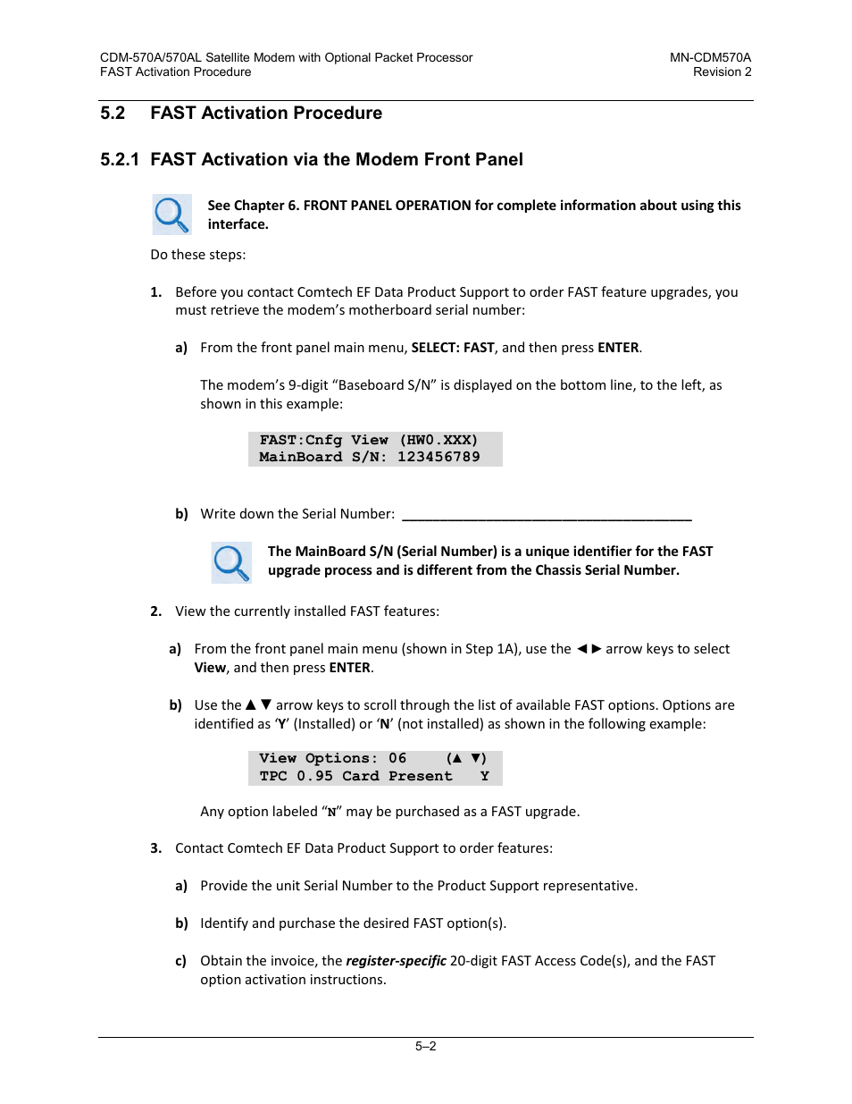 2 fast activation procedure, 1 fast activation via the modem front panel | Comtech EF Data CDM-570A User Manual | Page 100 / 618