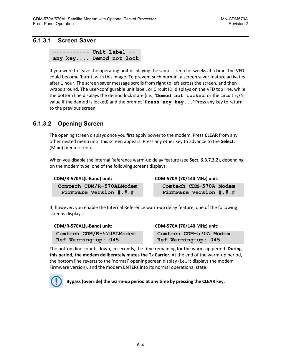 1 screen saver, 2 opening screen | Comtech EF Data CDM-570A User Manual | Page 108 / 618