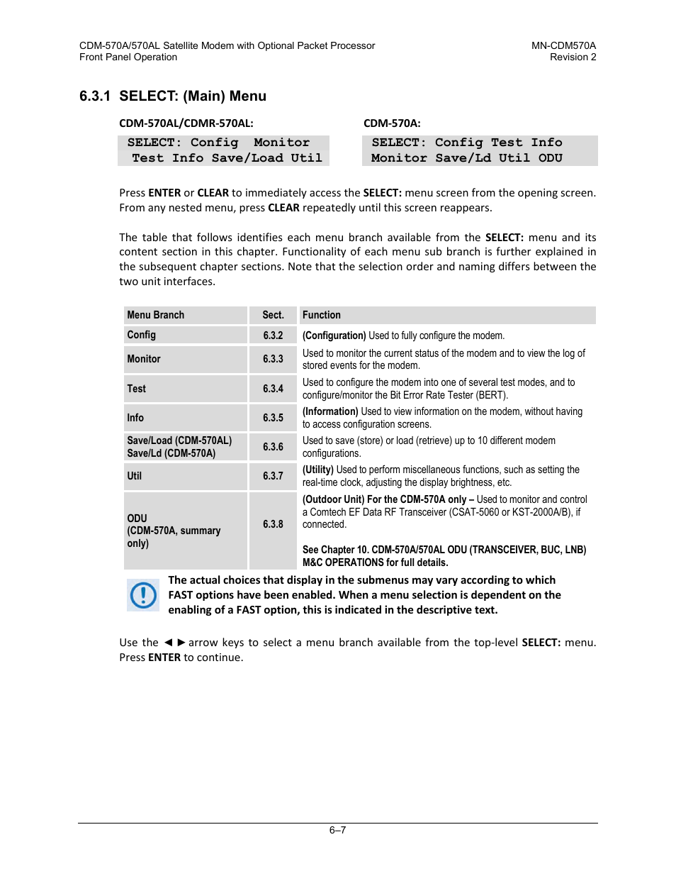 1 select: (main) menu | Comtech EF Data CDM-570A User Manual | Page 111 / 618