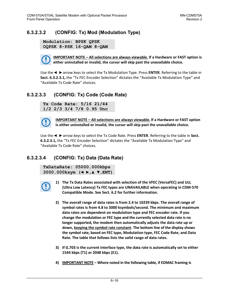 2 (config: tx) mod (modulation type), 3 (config: tx) code (code rate), 4 (config: tx) data (data rate) | Comtech EF Data CDM-570A User Manual | Page 120 / 618