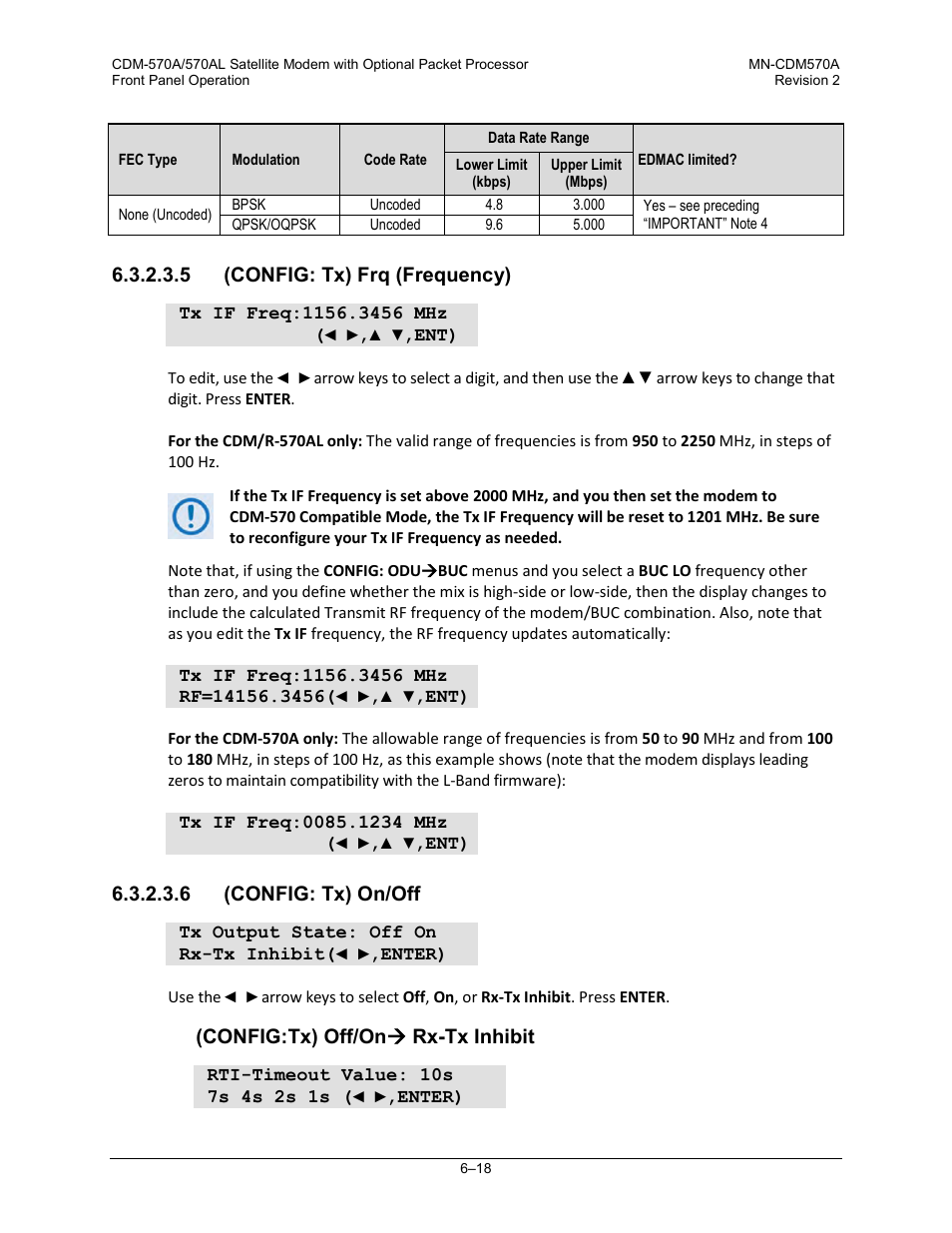 5 (config: tx) frq (frequency), 6 (config: tx) on/off, T.6.3.2.3.5) | Config:tx) off/on  rx-tx inhibit | Comtech EF Data CDM-570A User Manual | Page 122 / 618