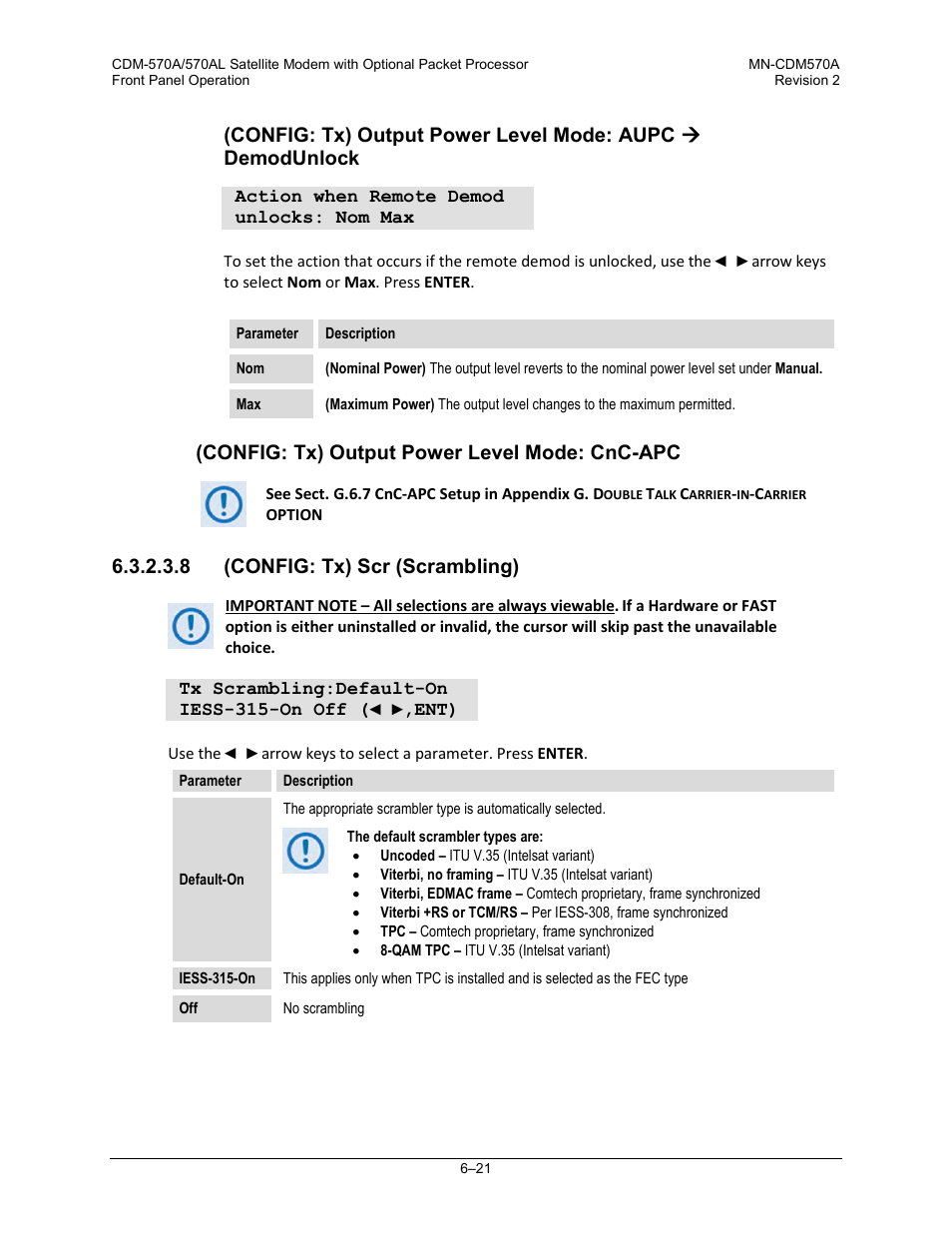 8 (config: tx) scr (scrambling), Config: tx) output power level mode: cnc-apc | Comtech EF Data CDM-570A User Manual | Page 125 / 618