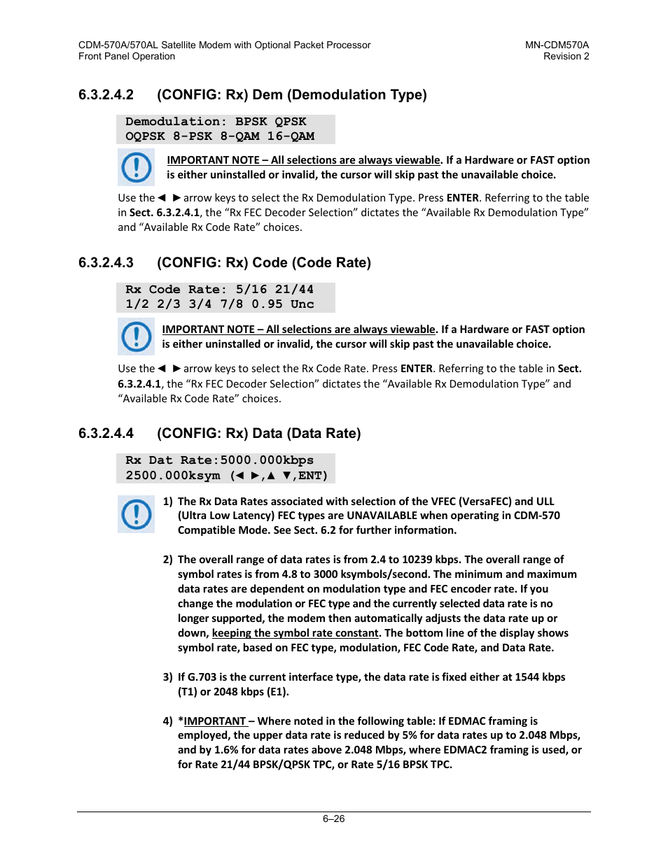 2 (config: rx) dem (demodulation type), 3 (config: rx) code (code rate), 4 (config: rx) data (data rate) | Comtech EF Data CDM-570A User Manual | Page 130 / 618