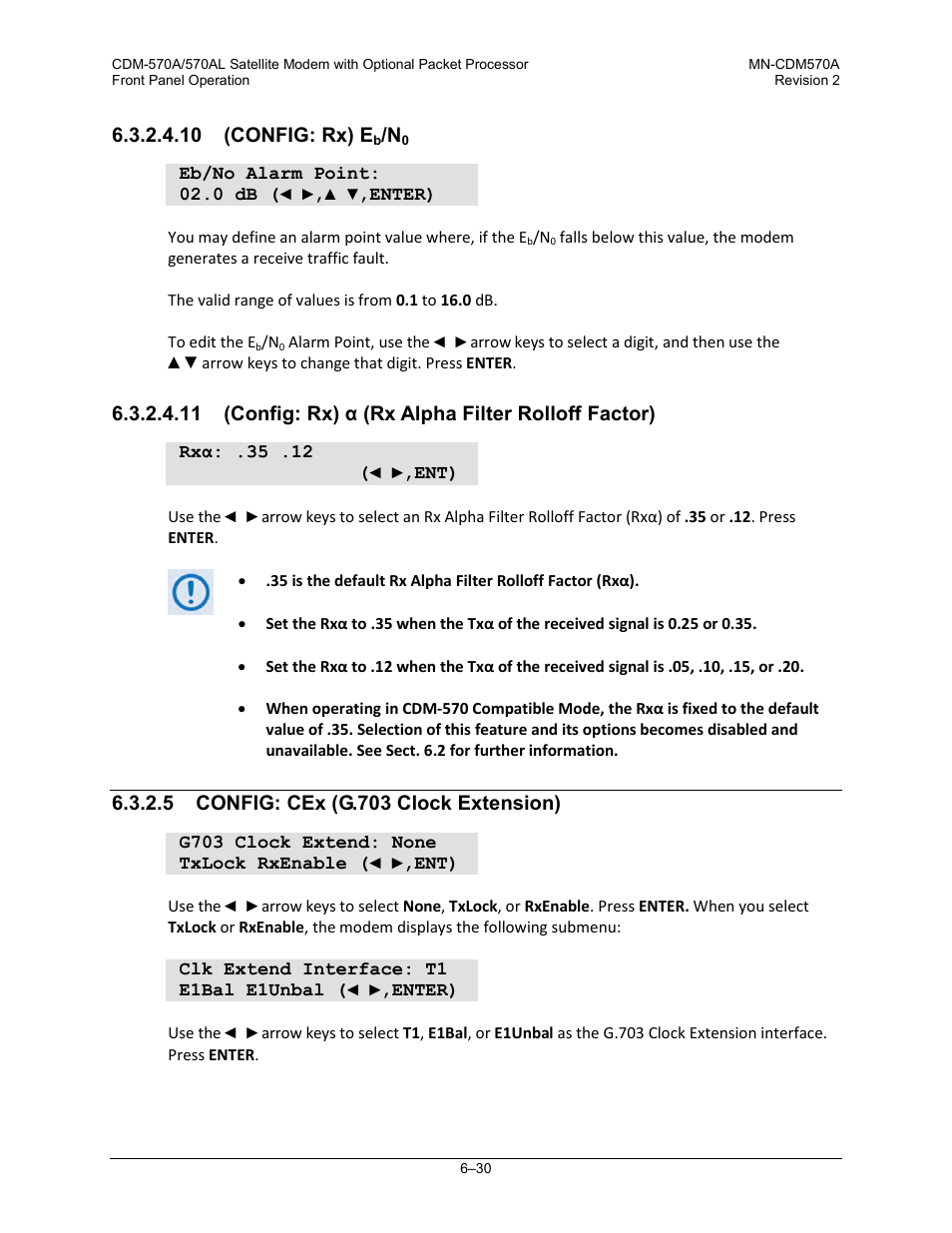 10 (config: rx) eb/n0, 11 (config: rx) α (rx alpha filter rolloff factor), 5 config: cex (g.703 clock extension) | T.6.3.2.4.11) | Comtech EF Data CDM-570A User Manual | Page 134 / 618