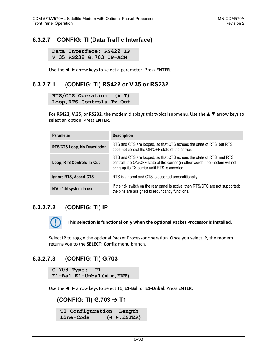 7 config: ti (data traffic interface), 1 (config: ti) rs422 or v.35 or rs232, 2 (config: ti) ip | 3 (config: ti) g.703 | Comtech EF Data CDM-570A User Manual | Page 137 / 618