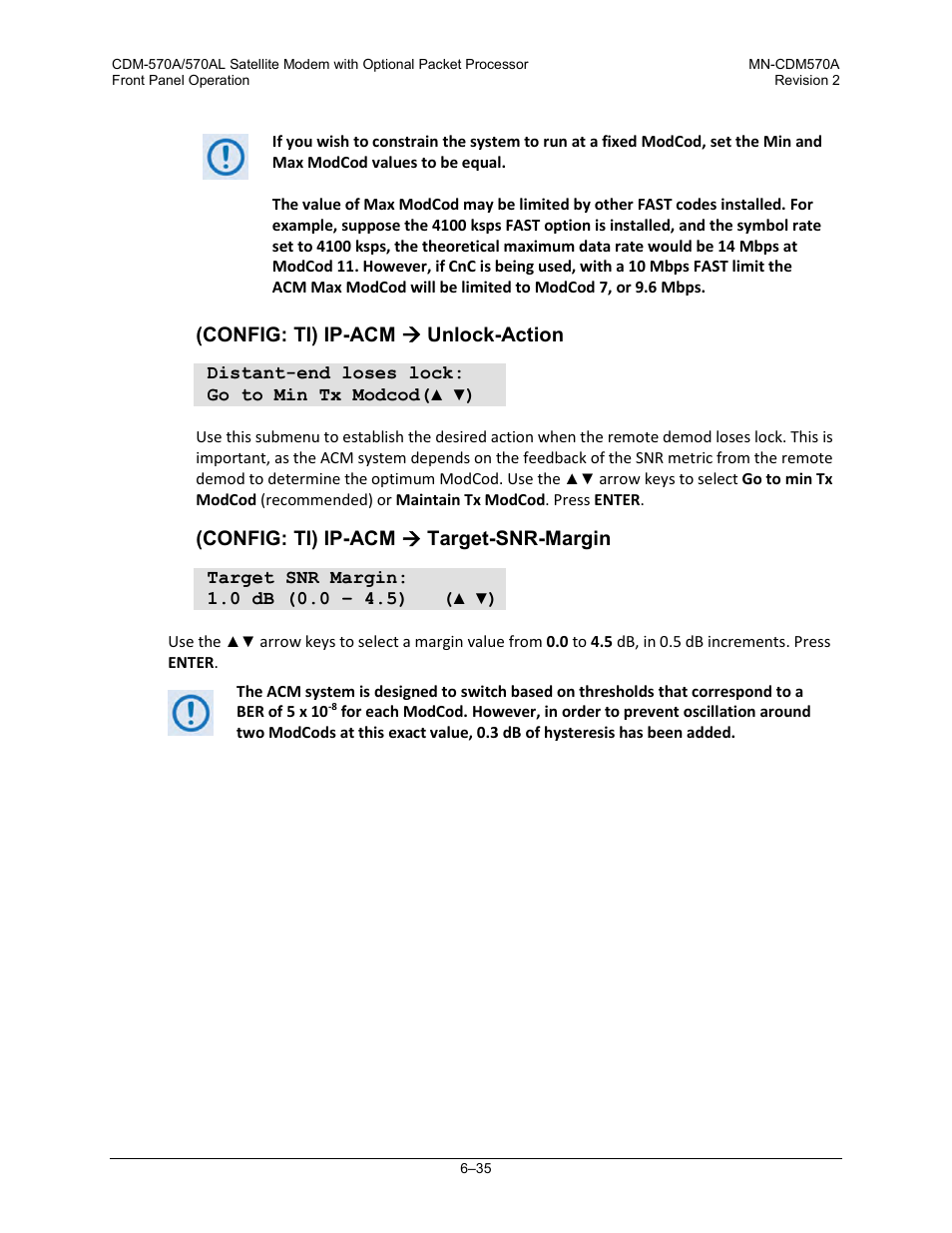 Config: ti) ip-acm  unlock-action, Config: ti) ip-acm  target-snr-margin | Comtech EF Data CDM-570A User Manual | Page 139 / 618