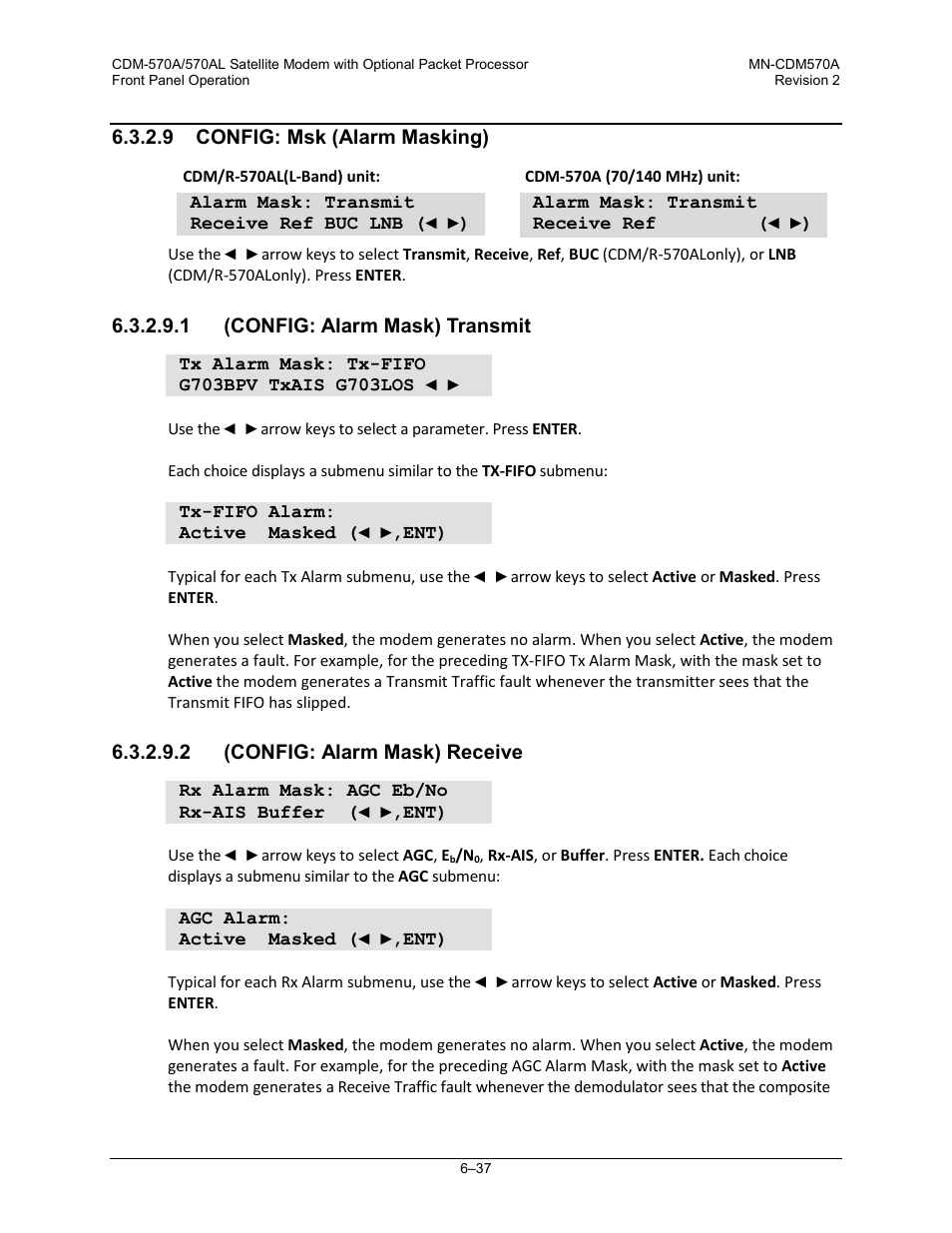 9 config: msk (alarm masking), 1 (config: alarm mask) transmit, 2 (config: alarm mask) receive | Comtech EF Data CDM-570A User Manual | Page 141 / 618