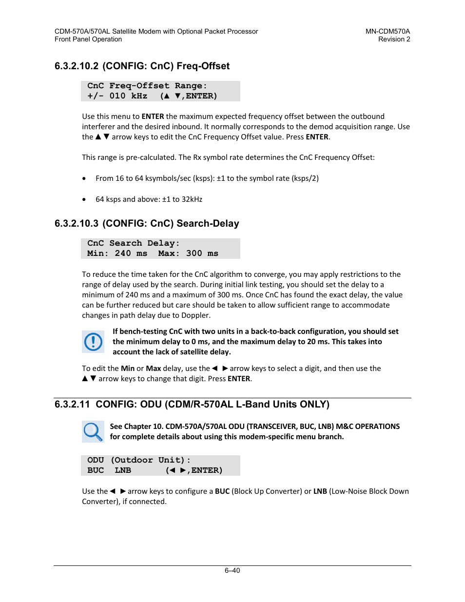 2 (config: cnc) freq-offset, 3 (config: cnc) search-delay, 11 config: odu (cdm/r-570al l-band units only) | Comtech EF Data CDM-570A User Manual | Page 144 / 618