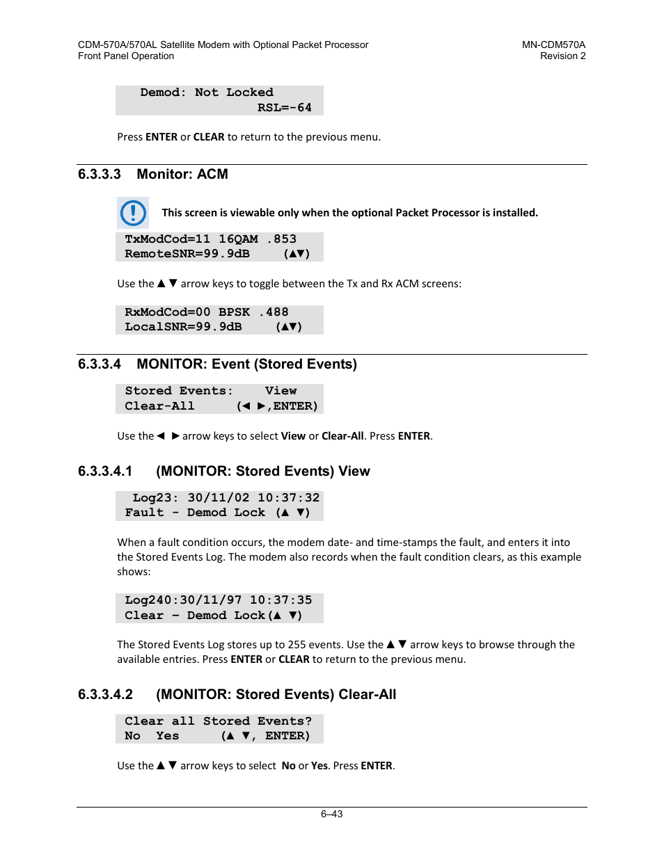 3 monitor: acm, 4 monitor: event (stored events), 1 (monitor: stored events) view | 2 (monitor: stored events) clear-all | Comtech EF Data CDM-570A User Manual | Page 147 / 618