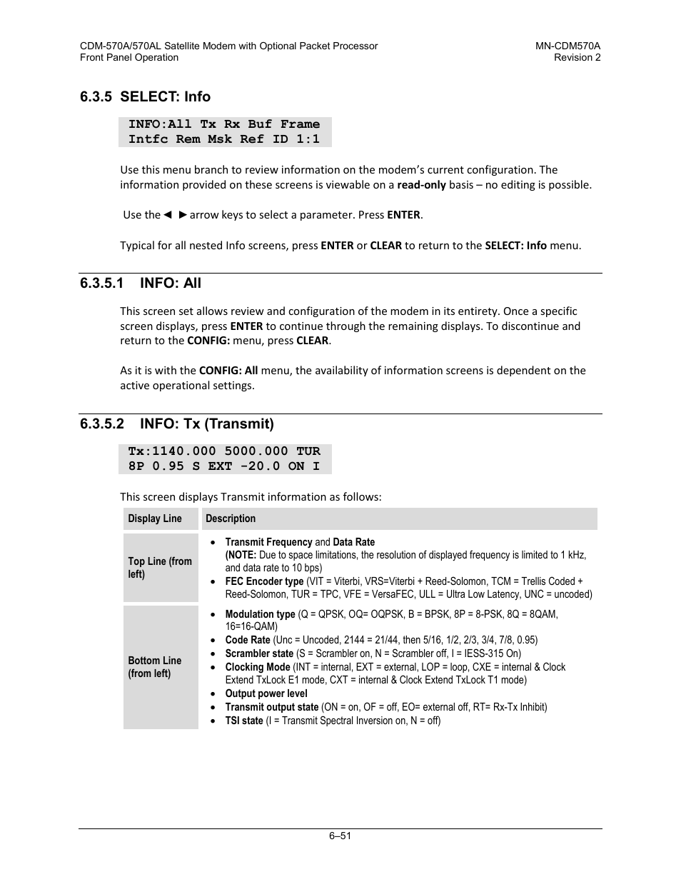 5 select: info, 1 info: all, 2 info: tx (transmit) | Comtech EF Data CDM-570A User Manual | Page 155 / 618