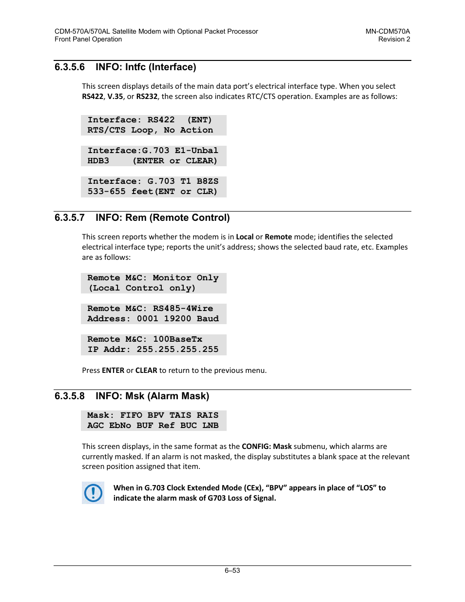 6 info: intfc (interface), 7 info: rem (remote control), 8 info: msk (alarm mask) | Comtech EF Data CDM-570A User Manual | Page 157 / 618