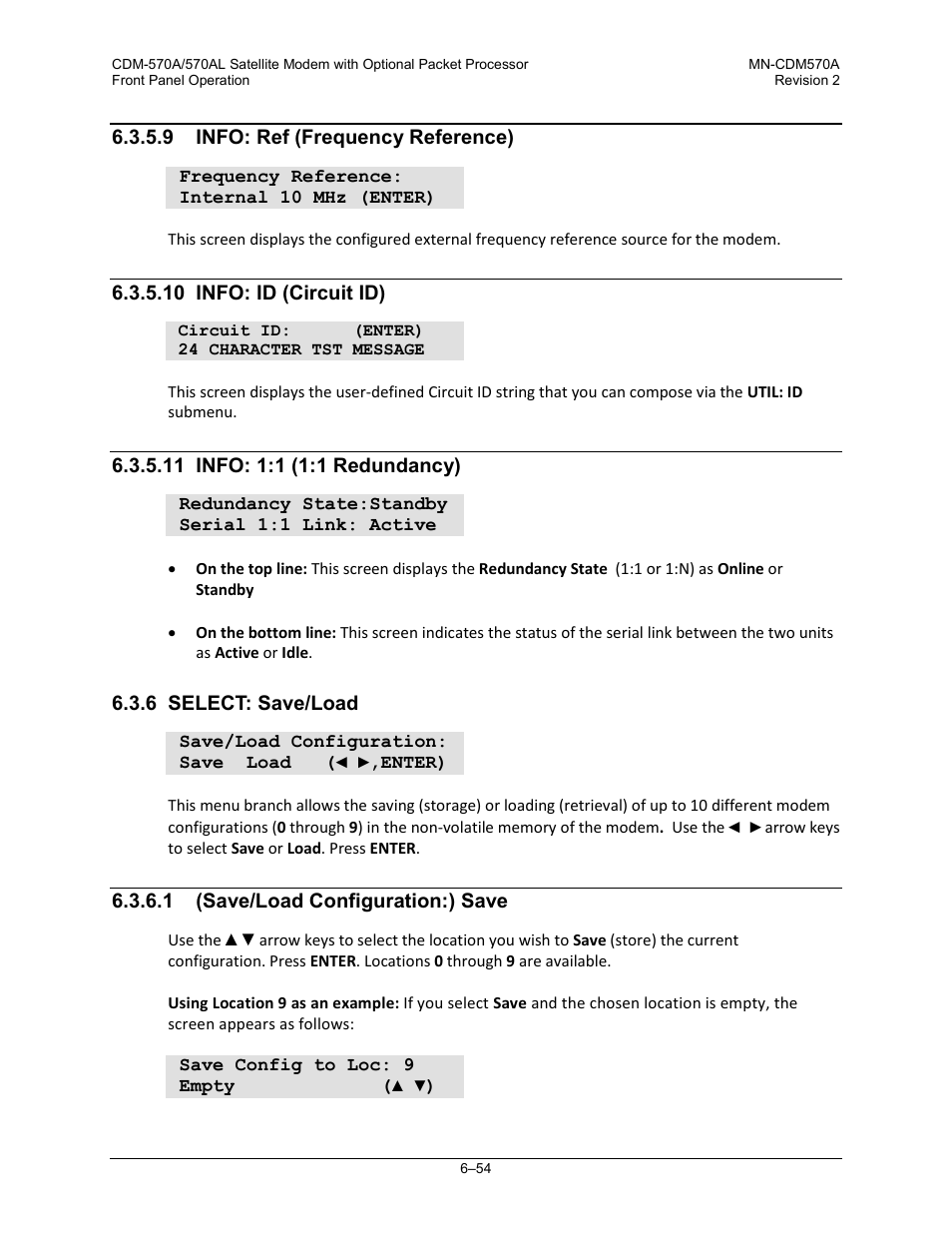 9 info: ref (frequency reference), 10 info: id (circuit id), 11 info: 1:1 (1:1 redundancy) | 6 select: save/load, 1 (save/load configuration:) save | Comtech EF Data CDM-570A User Manual | Page 158 / 618