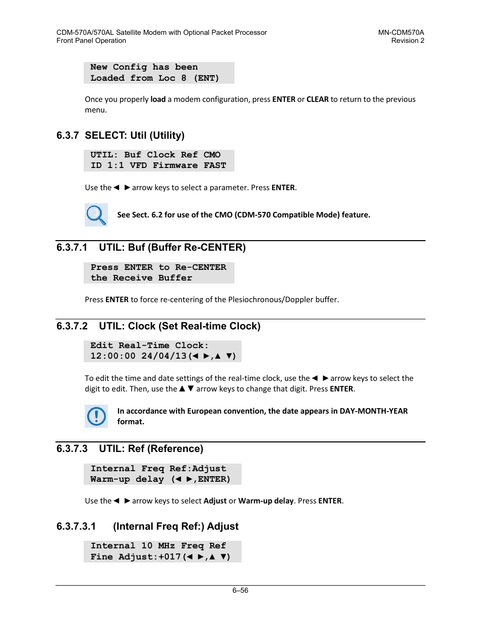 7 select: util (utility), 1 util: buf (buffer re-center), 2 util: clock (set real-time clock) | 3 util: ref (reference), 1 (internal freq ref:) adjust | Comtech EF Data CDM-570A User Manual | Page 160 / 618