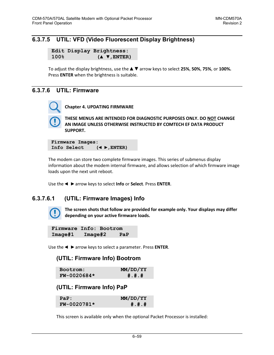 5 util: vfd (video fluorescent display brightness), 6 util: firmware, 1 (util: firmware images) info | Comtech EF Data CDM-570A User Manual | Page 163 / 618