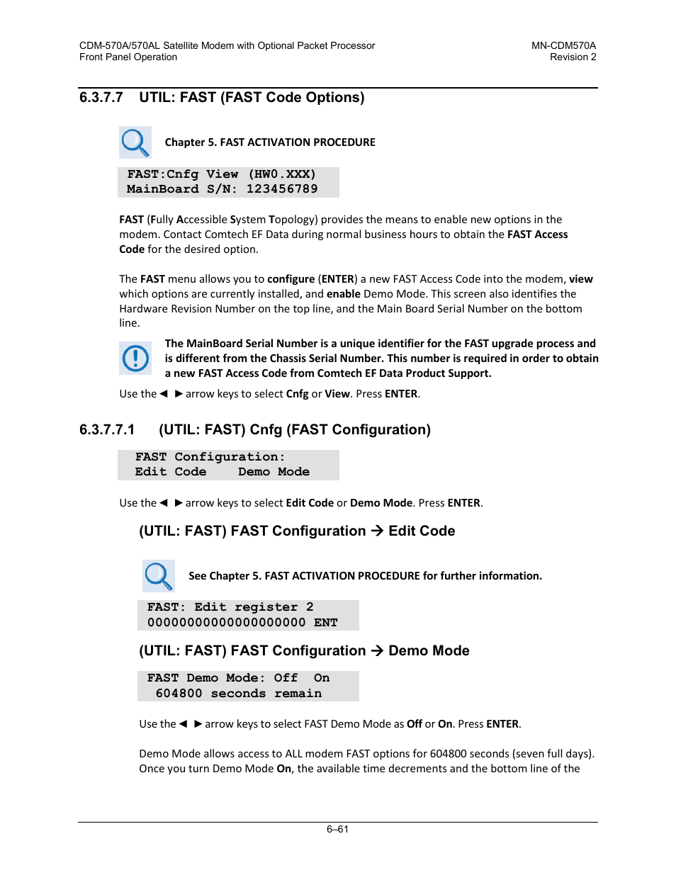 7 util: fast (fast code options), 1 (util: fast) cnfg (fast configuration) | Comtech EF Data CDM-570A User Manual | Page 165 / 618