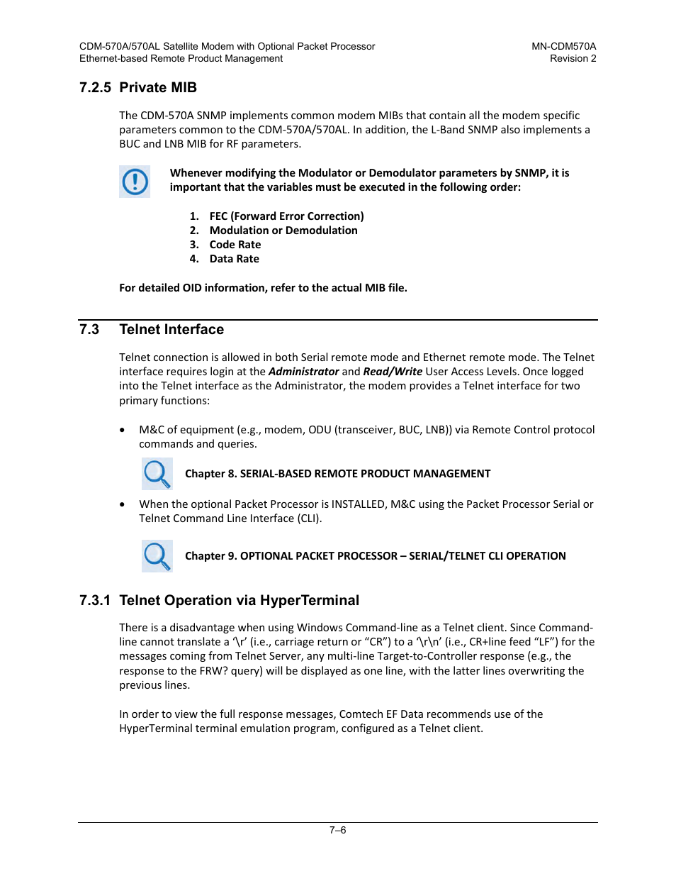 5 private mib, 3 telnet interface, 1 telnet operation via hyperterminal | Comtech EF Data CDM-570A User Manual | Page 174 / 618