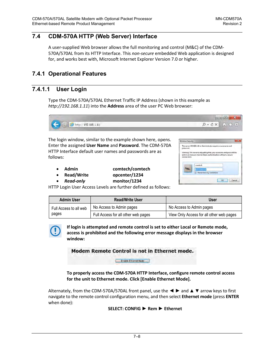 4 cdm-570a http (web server) interface, 1 operational features, 1 user login | Comtech EF Data CDM-570A User Manual | Page 176 / 618