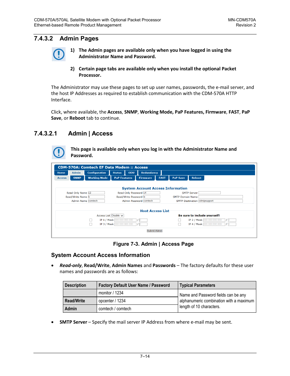 1 admin | access, 2 admin pages | Comtech EF Data CDM-570A User Manual | Page 182 / 618