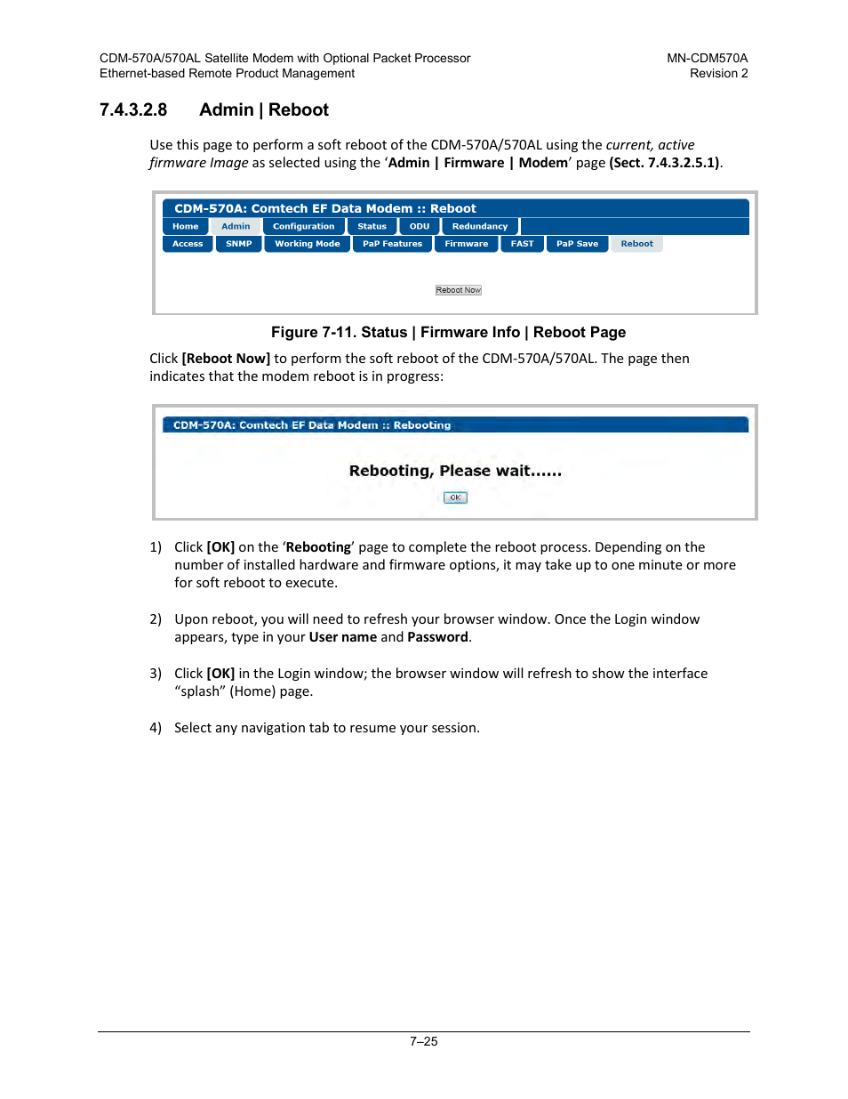 8 admin | reboot | Comtech EF Data CDM-570A User Manual | Page 193 / 618