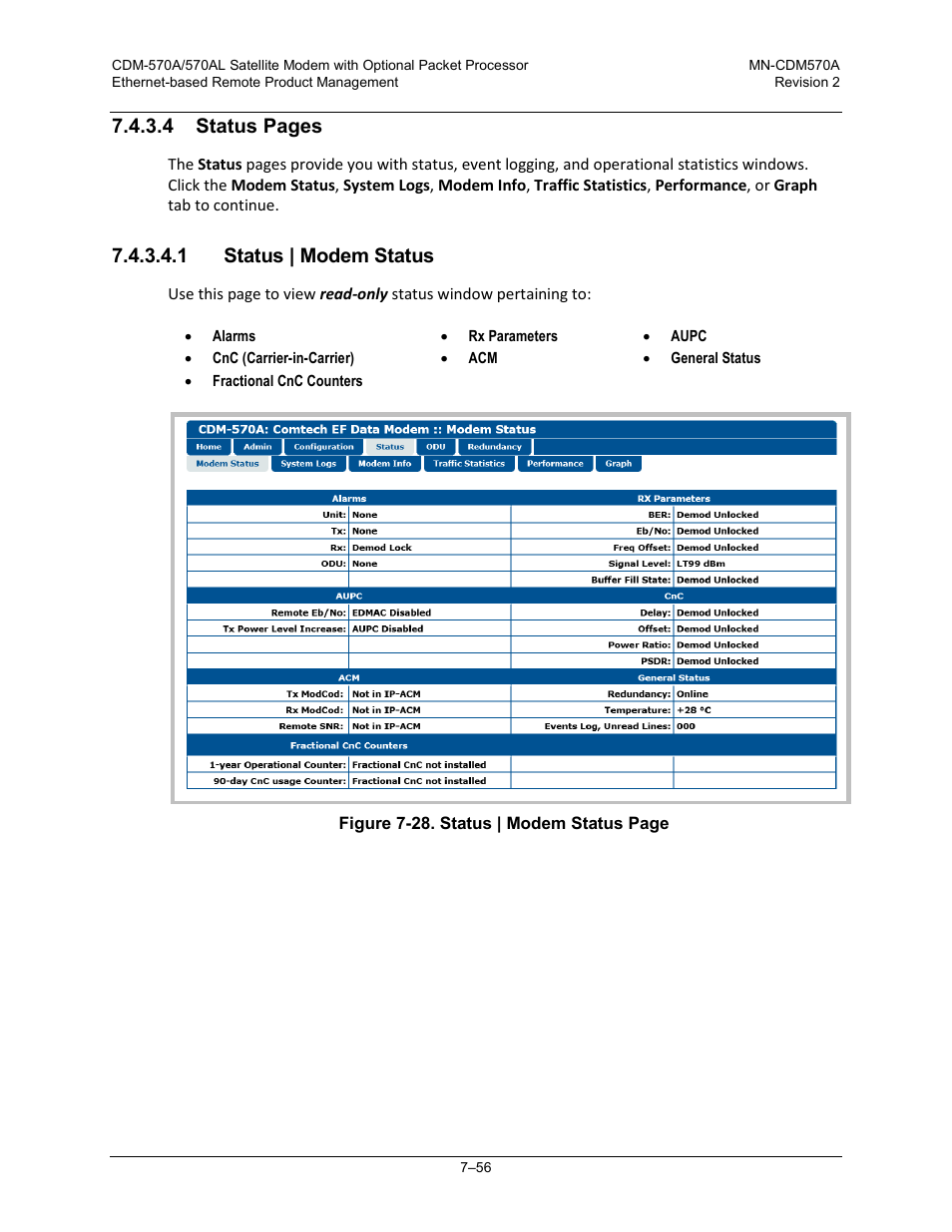 1 status | modem status, 4 status pages | Comtech EF Data CDM-570A User Manual | Page 224 / 618