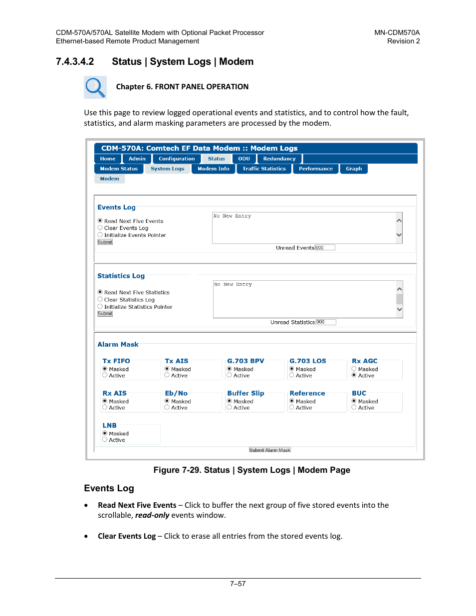 2 status | system logs | modem | Comtech EF Data CDM-570A User Manual | Page 225 / 618