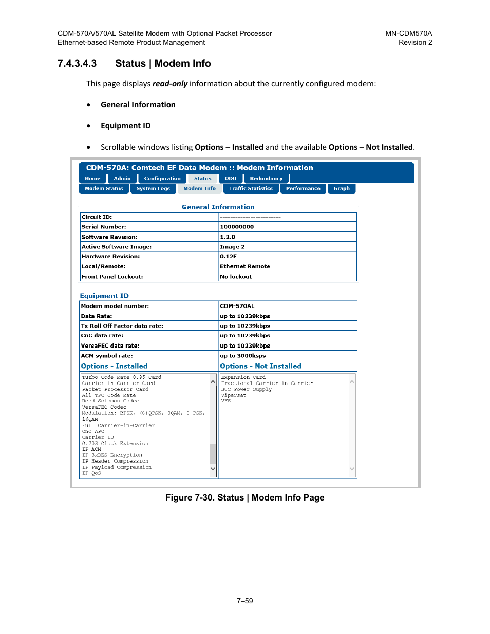 3 status | modem info | Comtech EF Data CDM-570A User Manual | Page 227 / 618