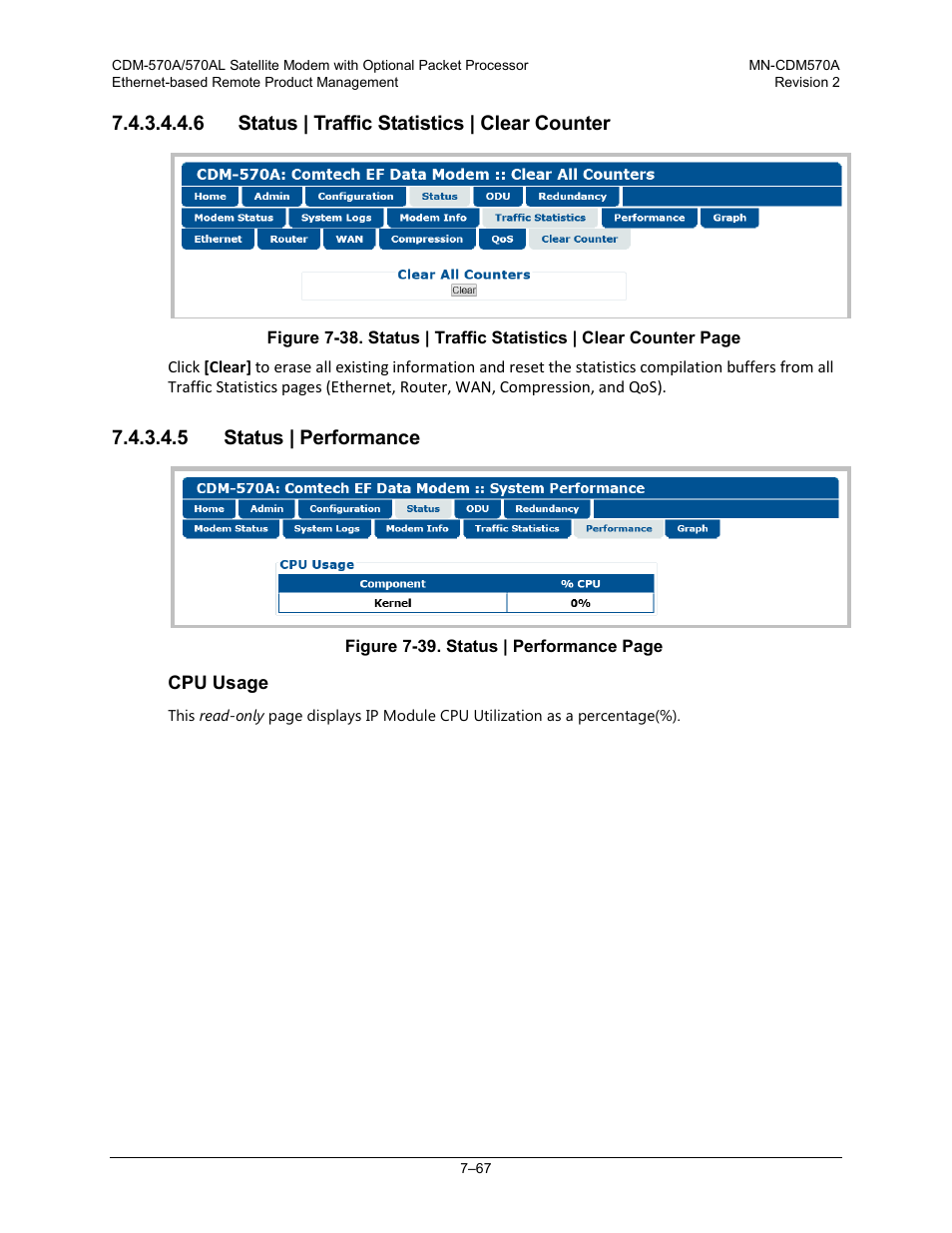 6 status | traffic statistics | clear counter, 5 status | performance | Comtech EF Data CDM-570A User Manual | Page 235 / 618