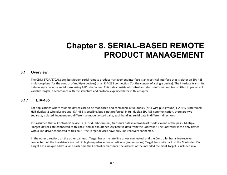 Chapter 8. serial-based remote product management, 1 overview, 1 eia-485 | Comtech EF Data CDM-570A User Manual | Page 241 / 618