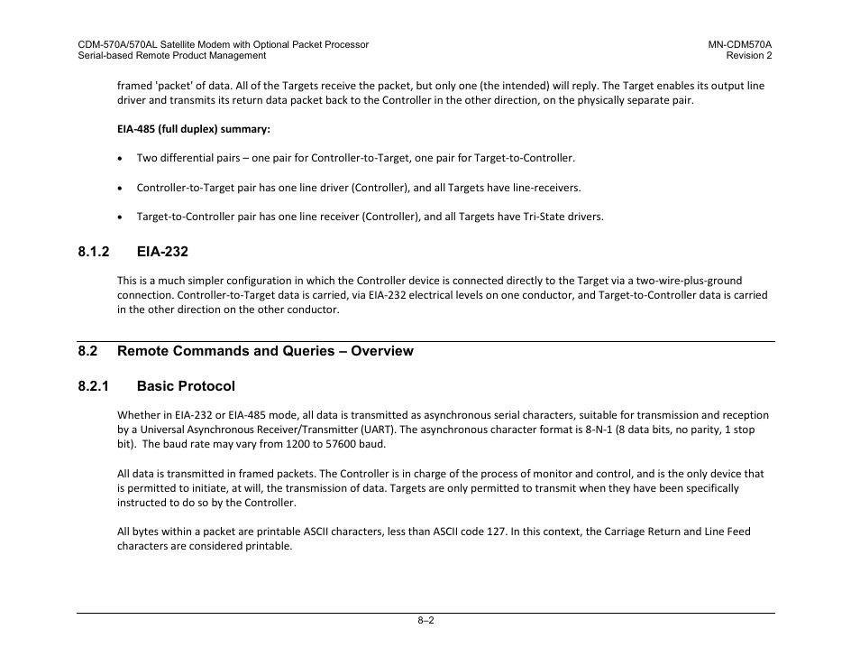 2 eia-232, 2 remote commands and queries – overview, 1 basic protocol | Comtech EF Data CDM-570A User Manual | Page 242 / 618